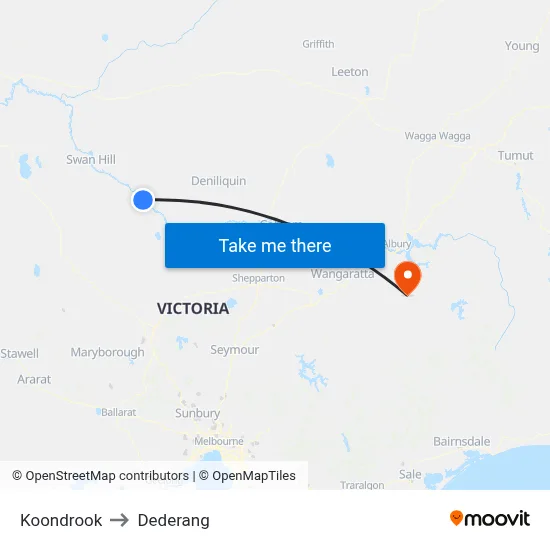Koondrook to Dederang map