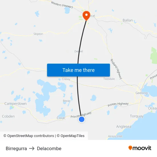 Birregurra to Delacombe map