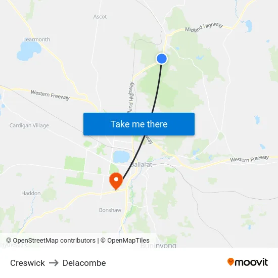 Creswick to Delacombe map
