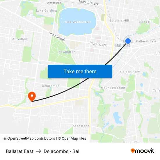 Ballarat East to Delacombe - Bal map