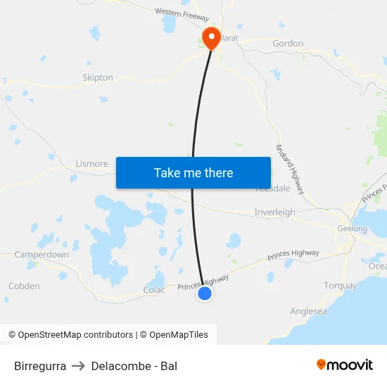 Birregurra to Delacombe - Bal map