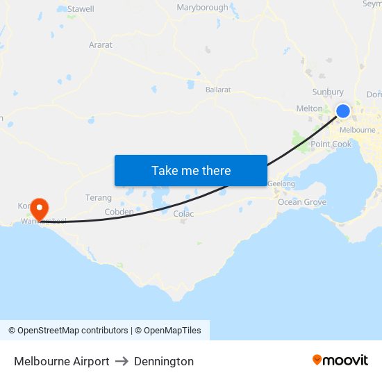 Melbourne Airport to Dennington map