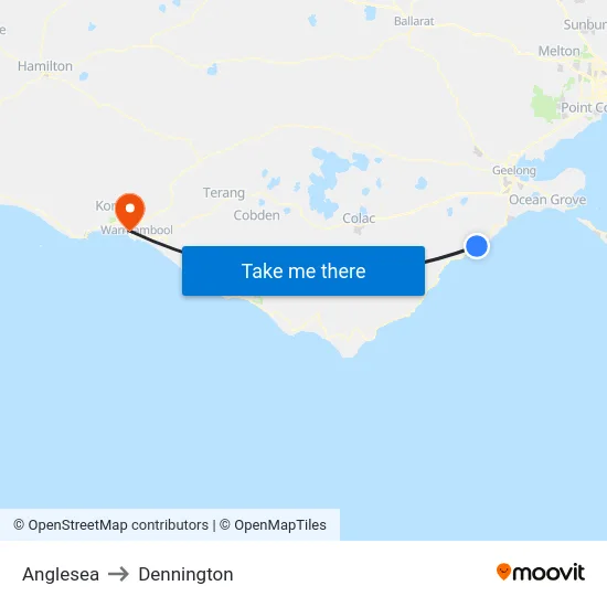 Anglesea to Dennington map
