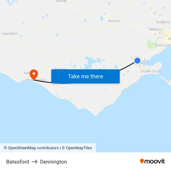 Batesford to Dennington map