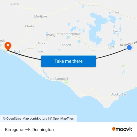 Birregurra to Dennington map