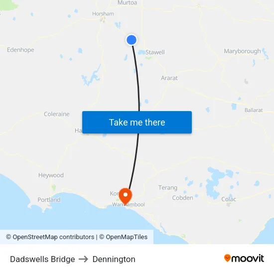 Dadswells Bridge to Dennington map