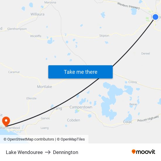 Lake Wendouree to Dennington map