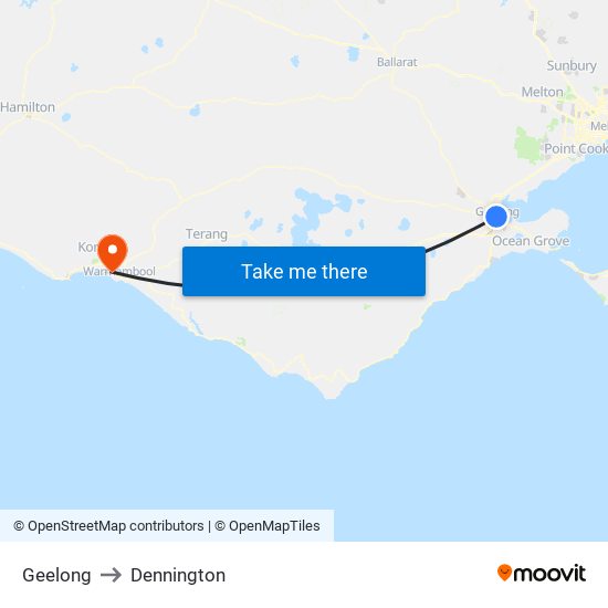 Geelong to Dennington map