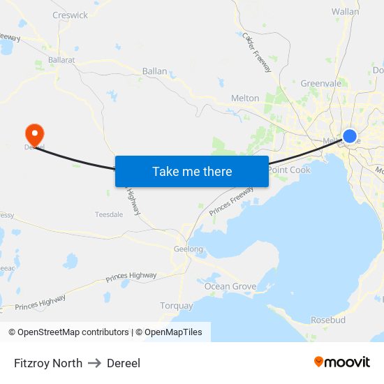 Fitzroy North to Dereel map