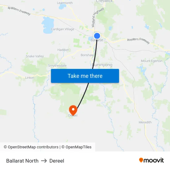 Ballarat North to Dereel map