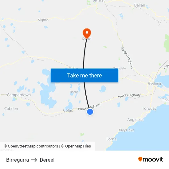 Birregurra to Dereel map