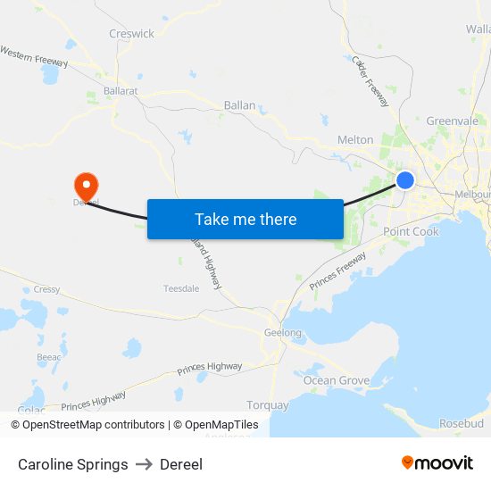 Caroline Springs to Dereel map