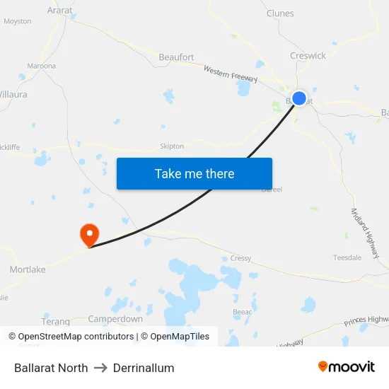 Ballarat North to Derrinallum map