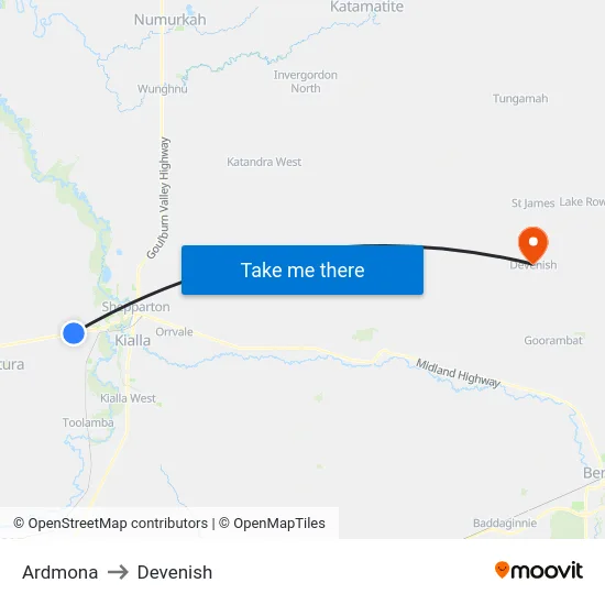 Ardmona to Devenish map