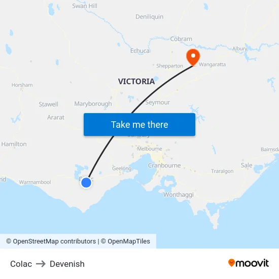 Colac to Devenish map