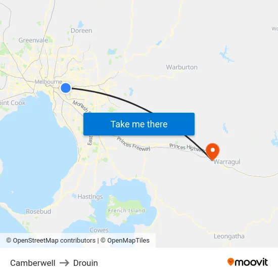 Camberwell to Drouin map