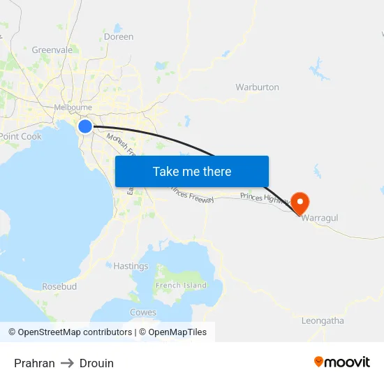 Prahran to Drouin map