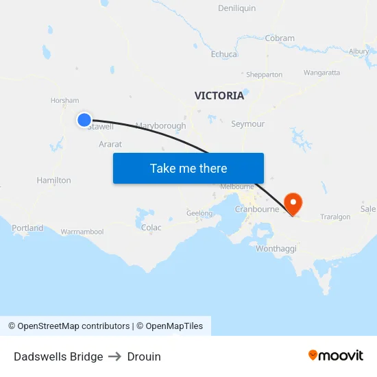 Dadswells Bridge to Drouin map