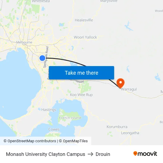 Monash University Clayton Campus to Drouin map