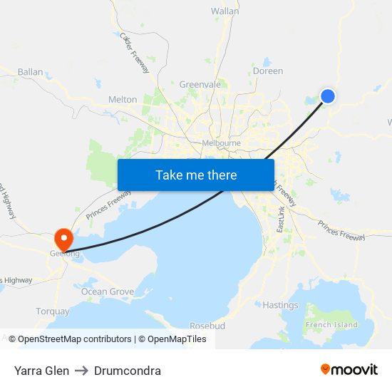 Yarra Glen to Drumcondra map