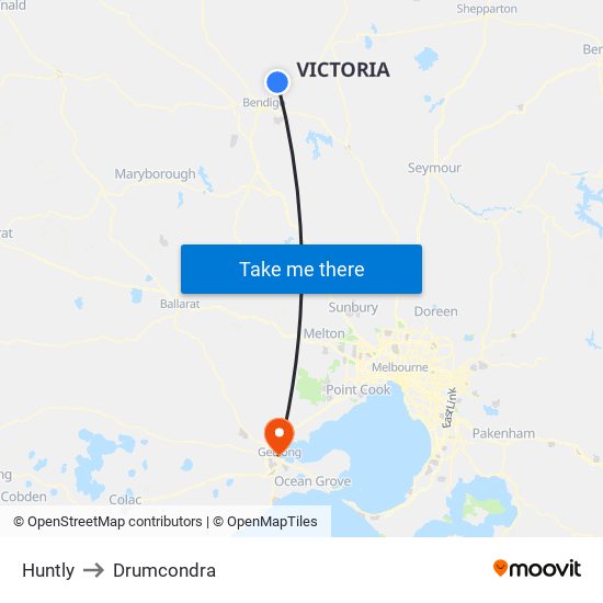 Huntly to Drumcondra map