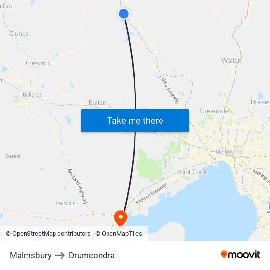 Malmsbury to Drumcondra map