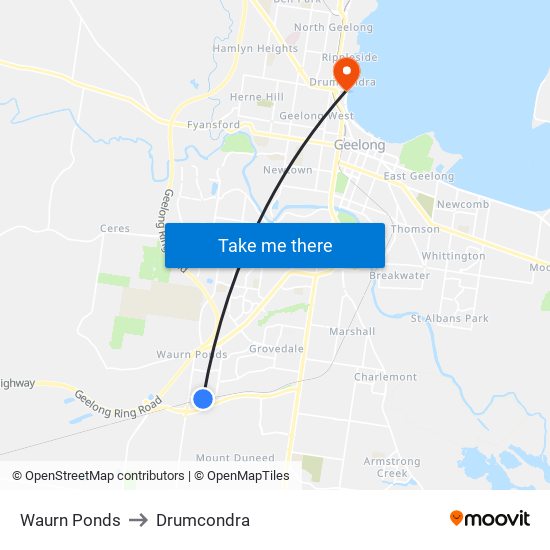 Waurn Ponds to Drumcondra map