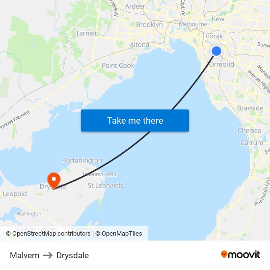 Malvern to Drysdale map