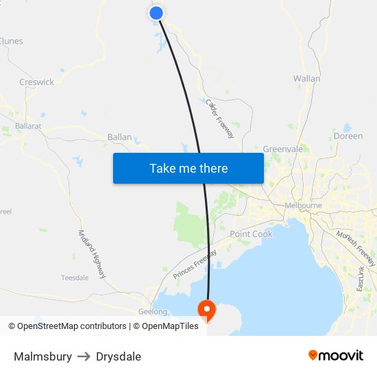 Malmsbury to Drysdale map