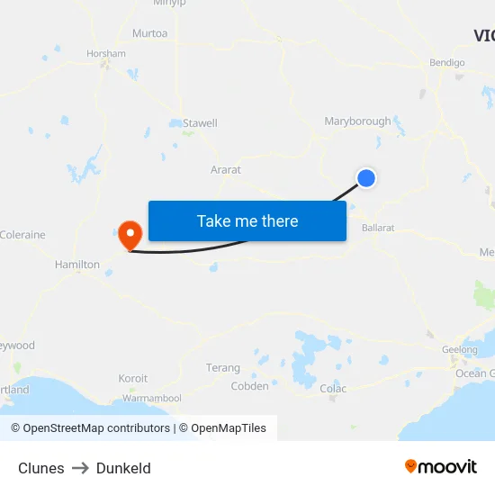 Clunes to Dunkeld map