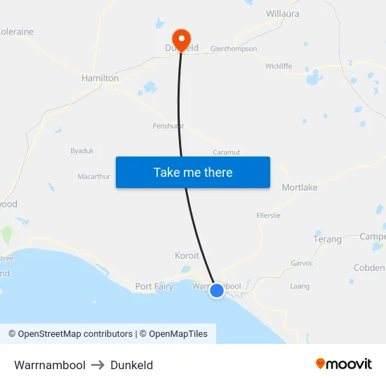 Warrnambool to Dunkeld map