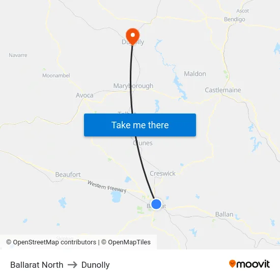 Ballarat North to Dunolly map