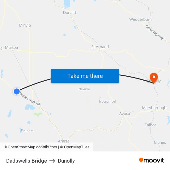 Dadswells Bridge to Dunolly map