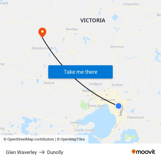 Glen Waverley to Dunolly map