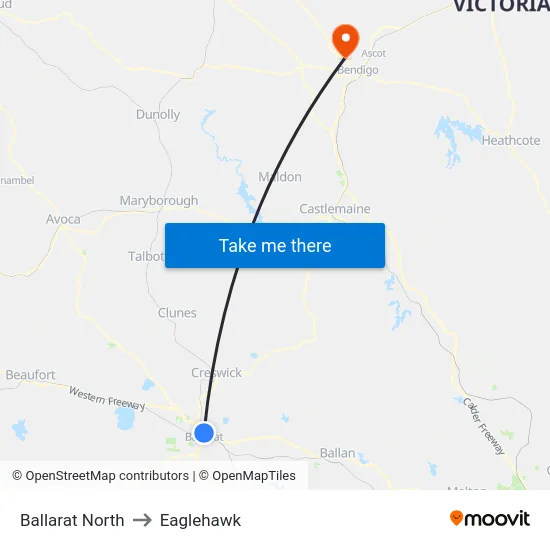 Ballarat North to Eaglehawk map