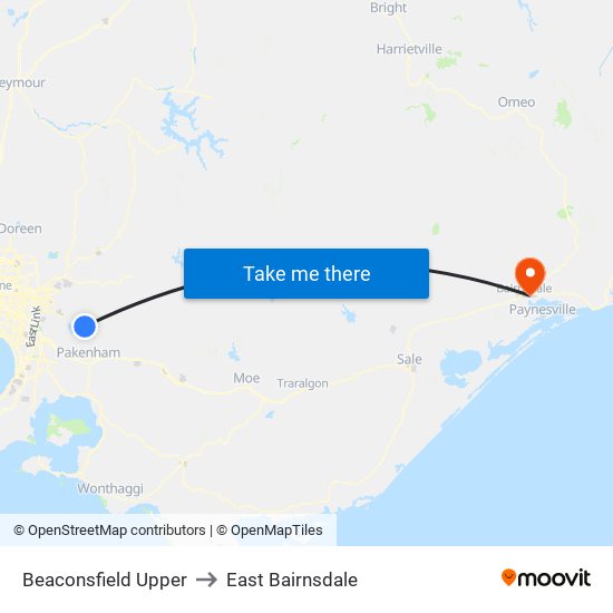 Beaconsfield Upper to East Bairnsdale map