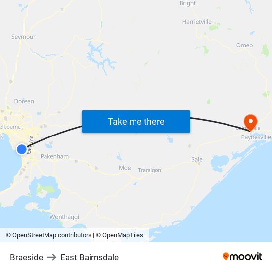Braeside to East Bairnsdale map