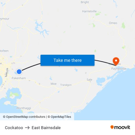 Cockatoo to East Bairnsdale map
