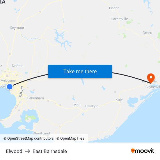 Elwood to East Bairnsdale map