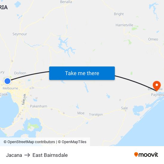 Jacana to East Bairnsdale map