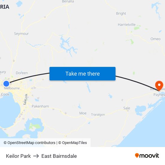 Keilor Park to East Bairnsdale map