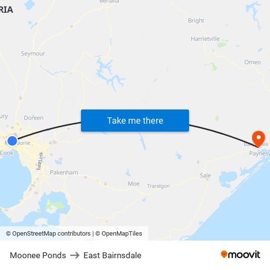 Moonee Ponds to East Bairnsdale map