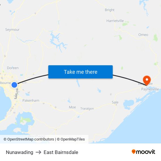 Nunawading to East Bairnsdale map