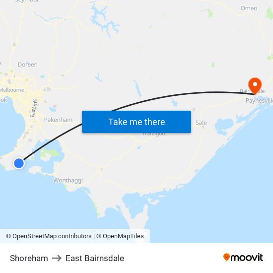 Shoreham to East Bairnsdale map