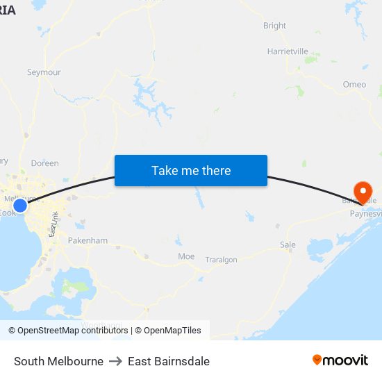 South Melbourne to East Bairnsdale map