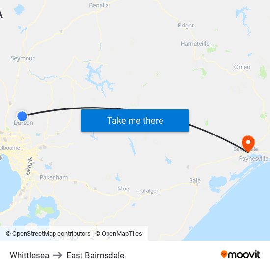 Whittlesea to East Bairnsdale map