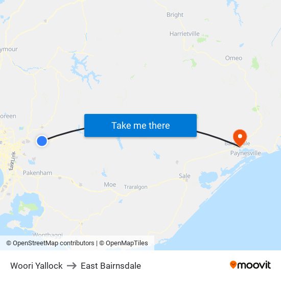 Woori Yallock to East Bairnsdale map