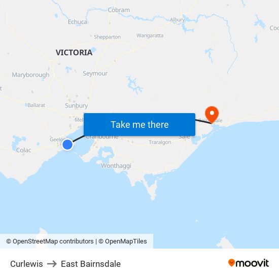 Curlewis to East Bairnsdale map