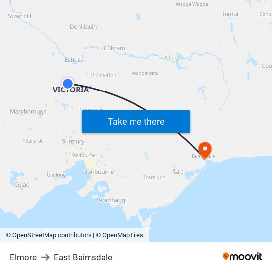 Elmore to East Bairnsdale map