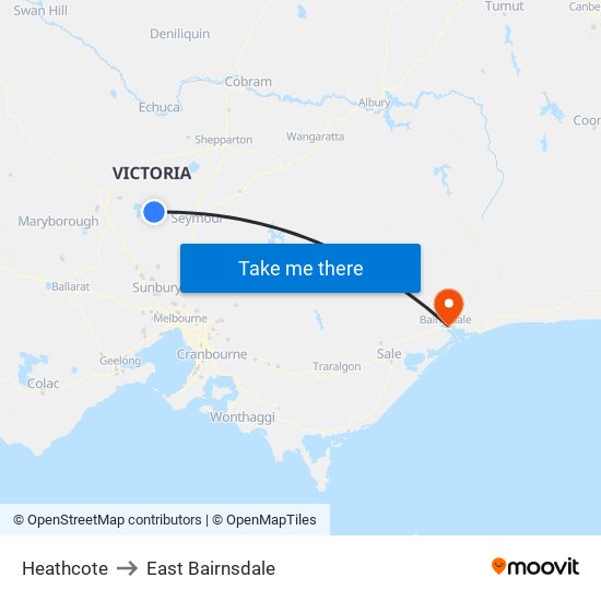Heathcote to East Bairnsdale map